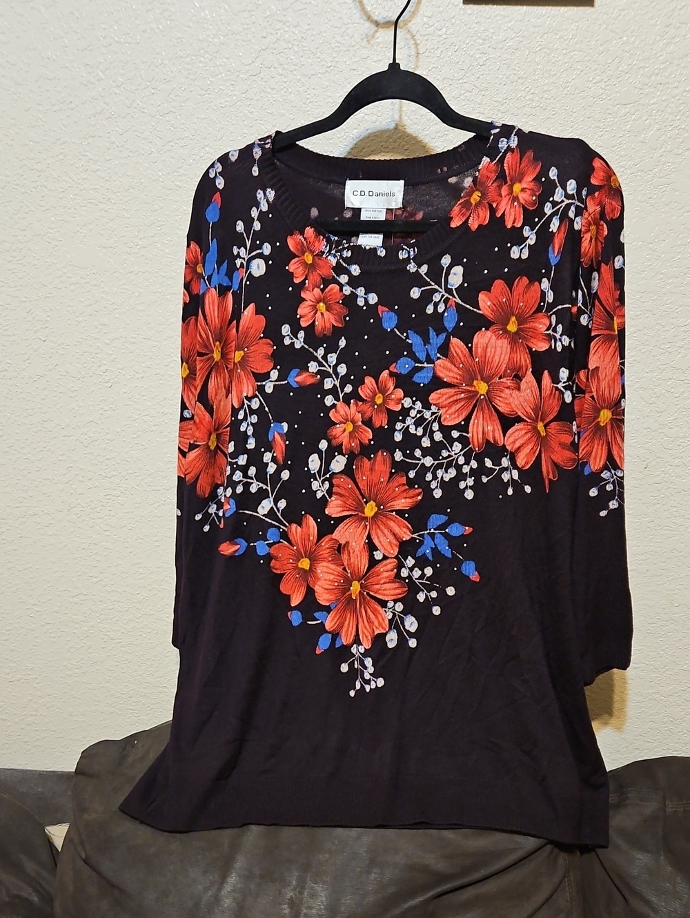 Cathy Daniels Black Long-Sleeve Floral Tee with Red & Blue Accents